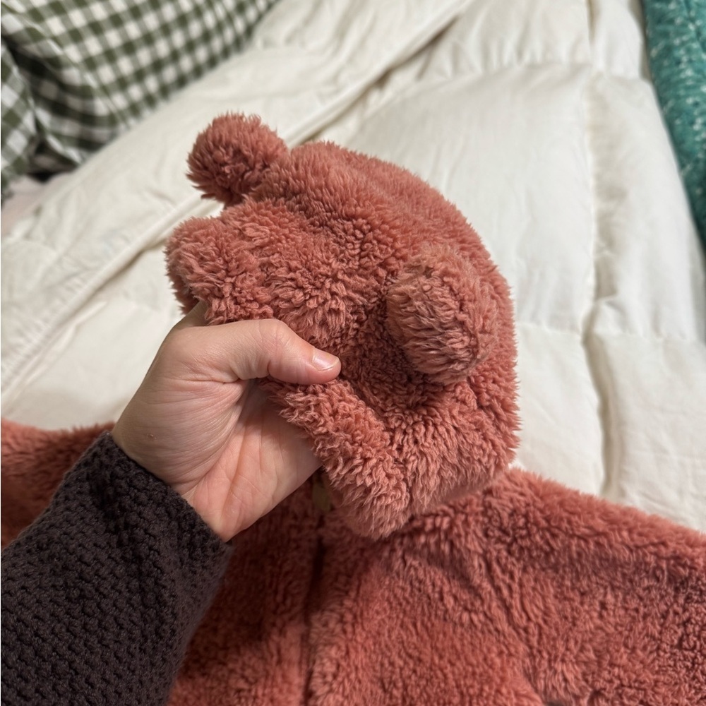 Carter’s 3 Month Pink Bear Baby Sherpa Bunting Fold Over Mits Zip Up - Picture 4 of 5